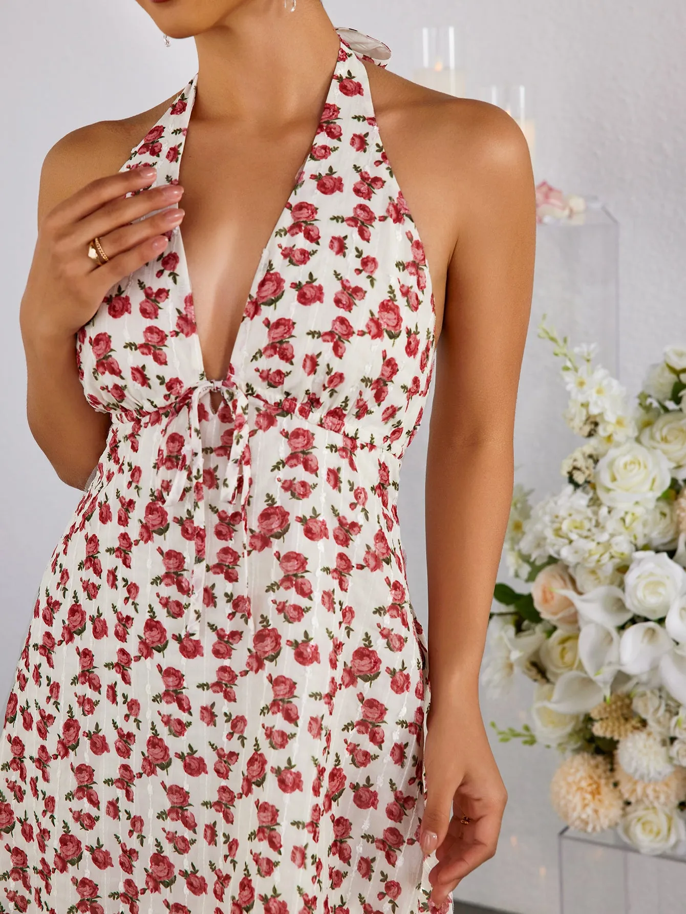 Halter Deep V-Neck Tie Front Mini Dress