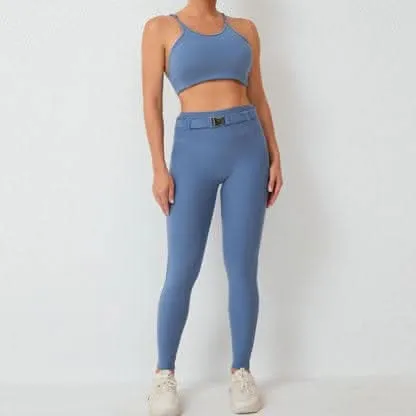 Imitation denim pocket tight adjustable waist with belt sports two-piece set 5colors
