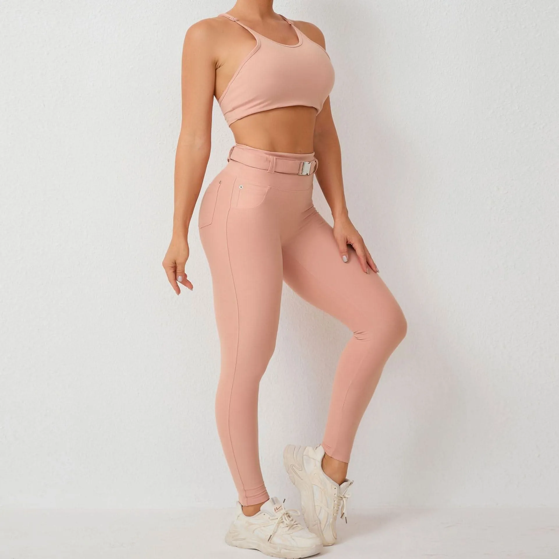 Imitation denim pocket tight adjustable waist with belt sports two-piece set 5colors
