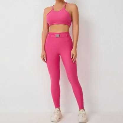 Imitation denim pocket tight adjustable waist with belt sports two-piece set 5colors