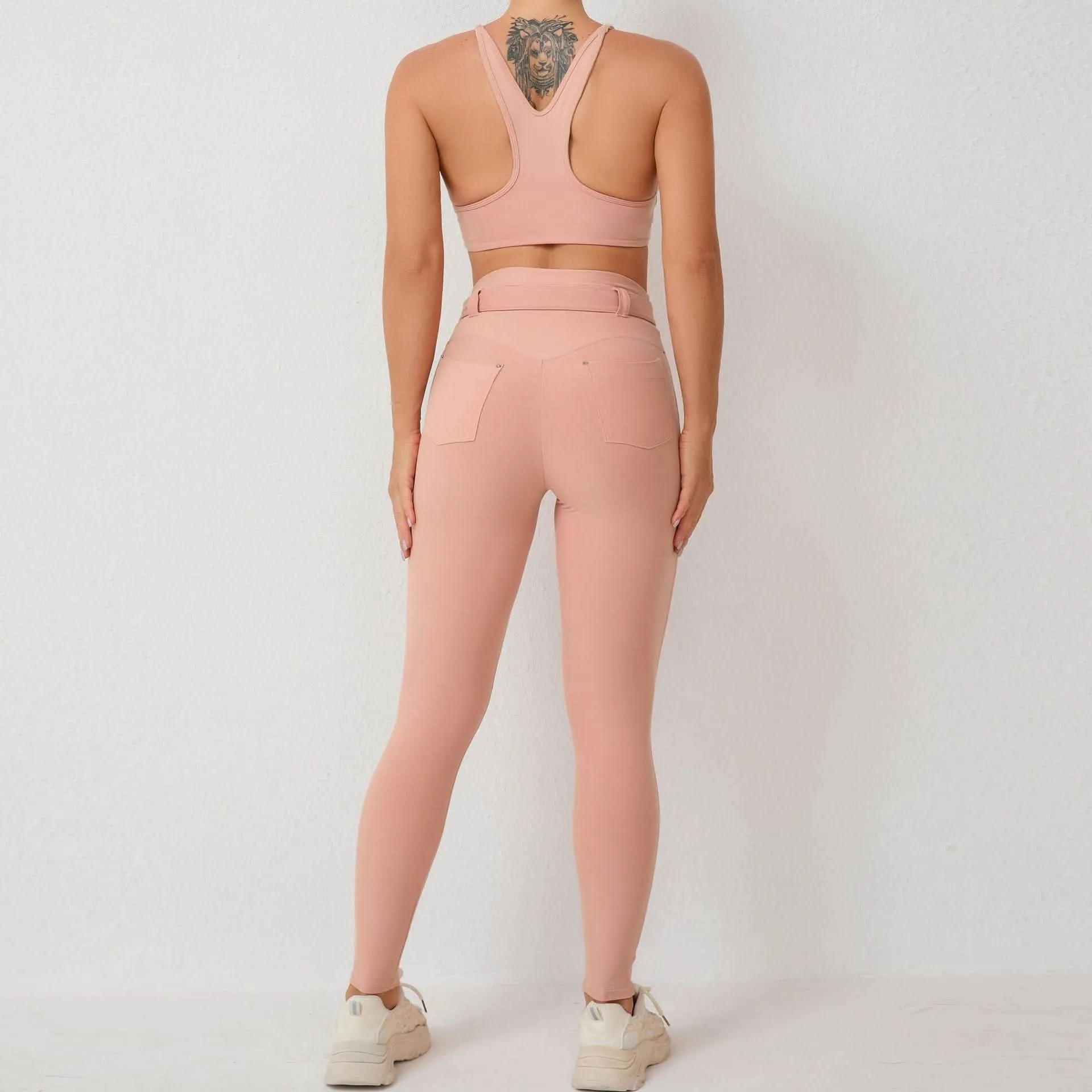 Imitation denim pocket tight adjustable waist with belt sports two-piece set 5colors