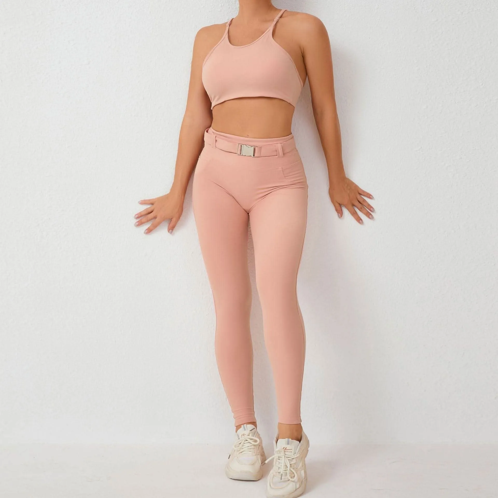 Imitation denim pocket tight adjustable waist with belt sports two-piece set 5colors