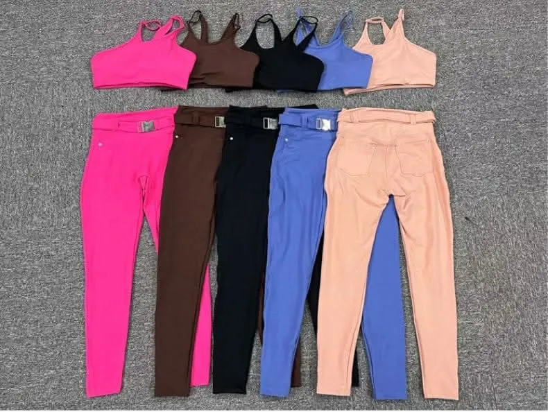 Imitation denim pocket tight adjustable waist with belt sports two-piece set 5colors