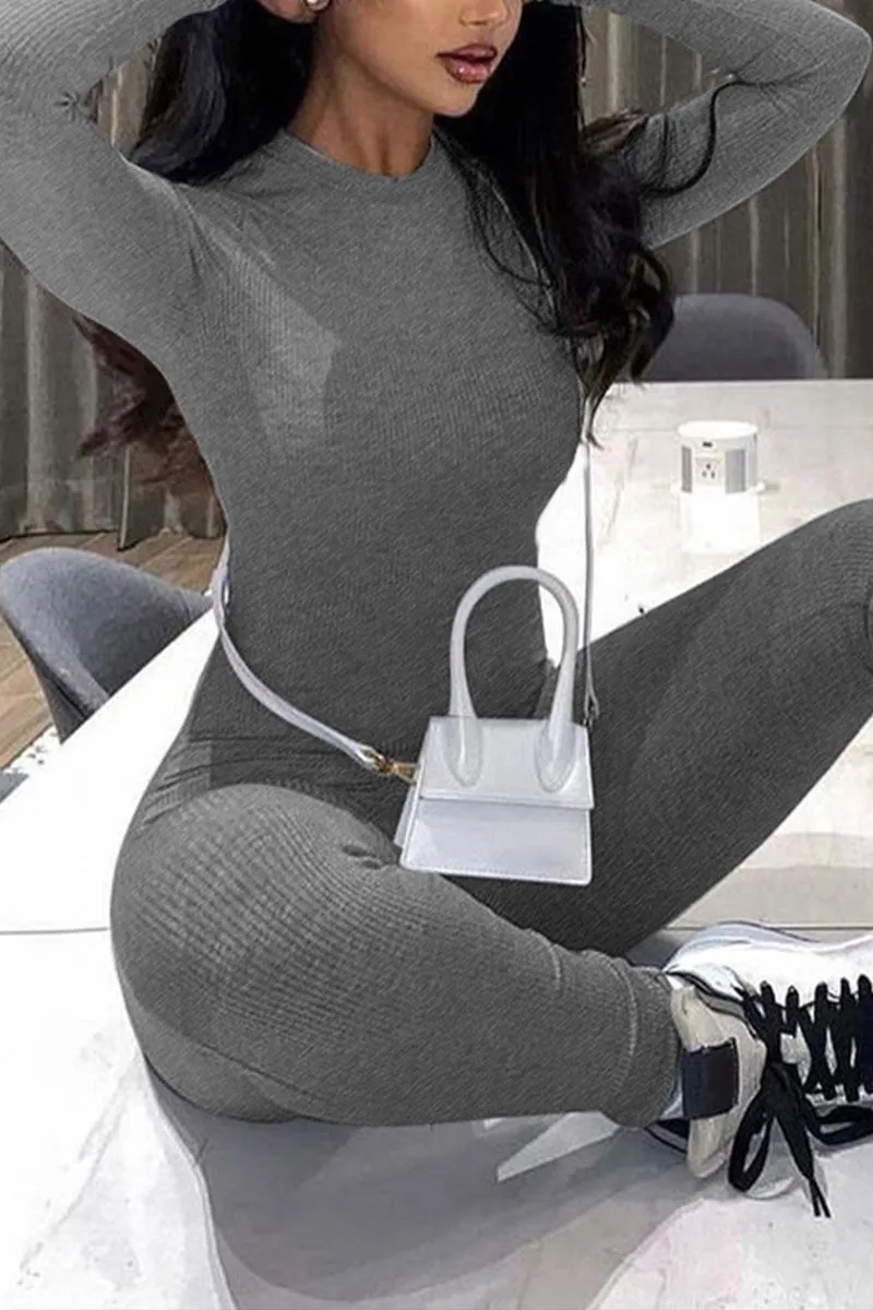 JF753 Ribbed Knit Long Sleeve Jumpsuit