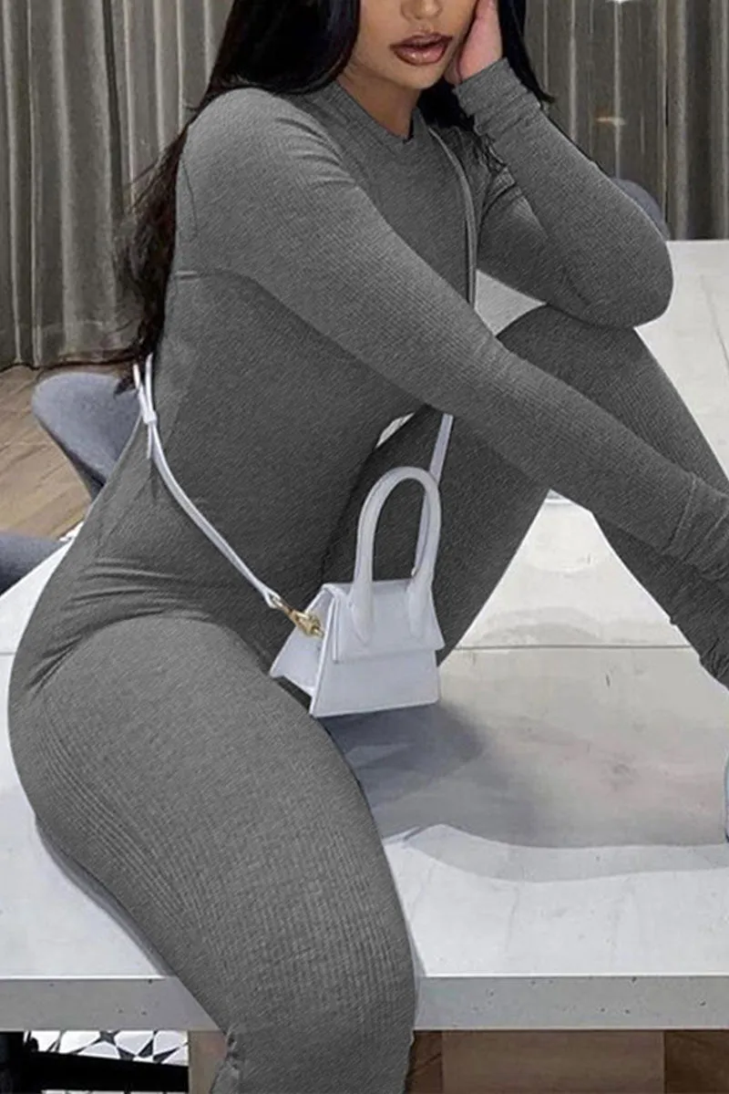 JF753 Ribbed Knit Long Sleeve Jumpsuit