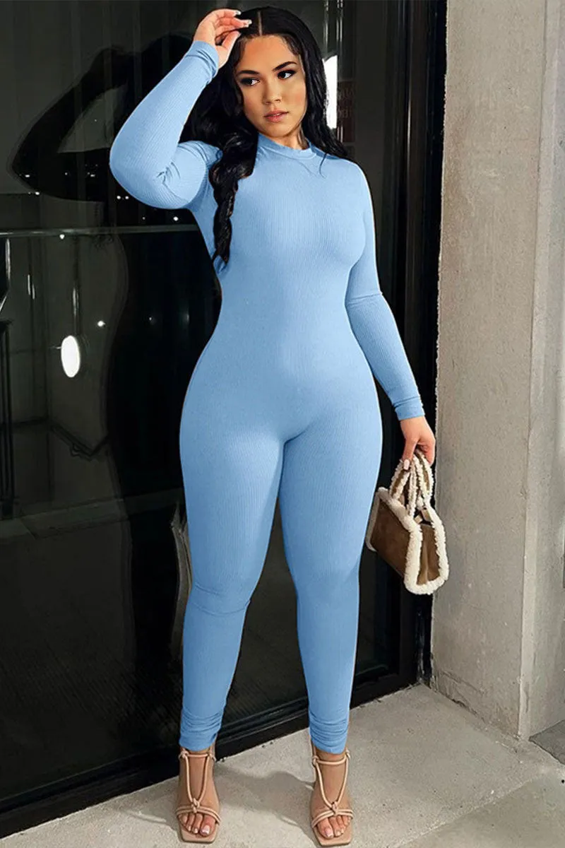 JF753 Ribbed Knit Long Sleeve Jumpsuit