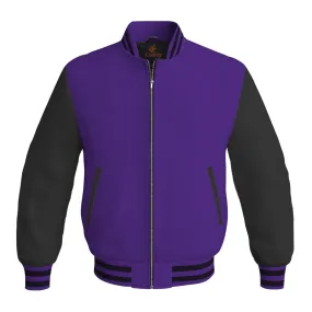 Ladies Varsity Jacket Purple Body and Black Leather Sleeves Bomber Jacket