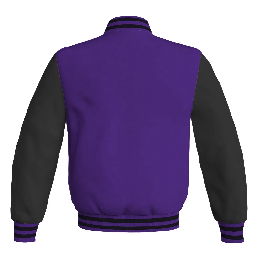 Ladies Varsity Jacket Purple Body and Black Leather Sleeves Bomber Jacket