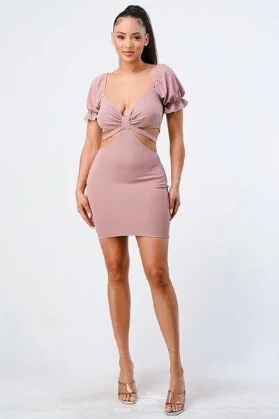 Mauve Pink Side Cutout Back Tie Short Sleeve Mini Bodycon Dress_