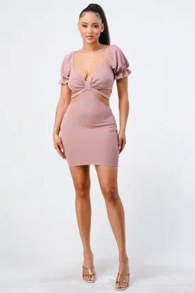 Mauve Pink Side Cutout Back Tie Short Sleeve Mini Bodycon Dress_