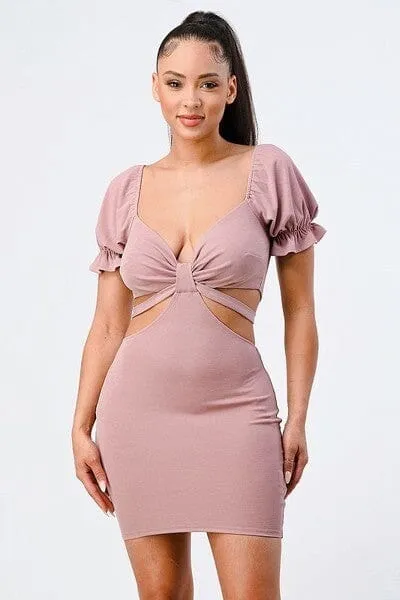 Mauve Pink Side Cutout Back Tie Short Sleeve Mini Bodycon Dress_