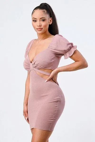 Mauve Pink Side Cutout Back Tie Short Sleeve Mini Bodycon Dress_