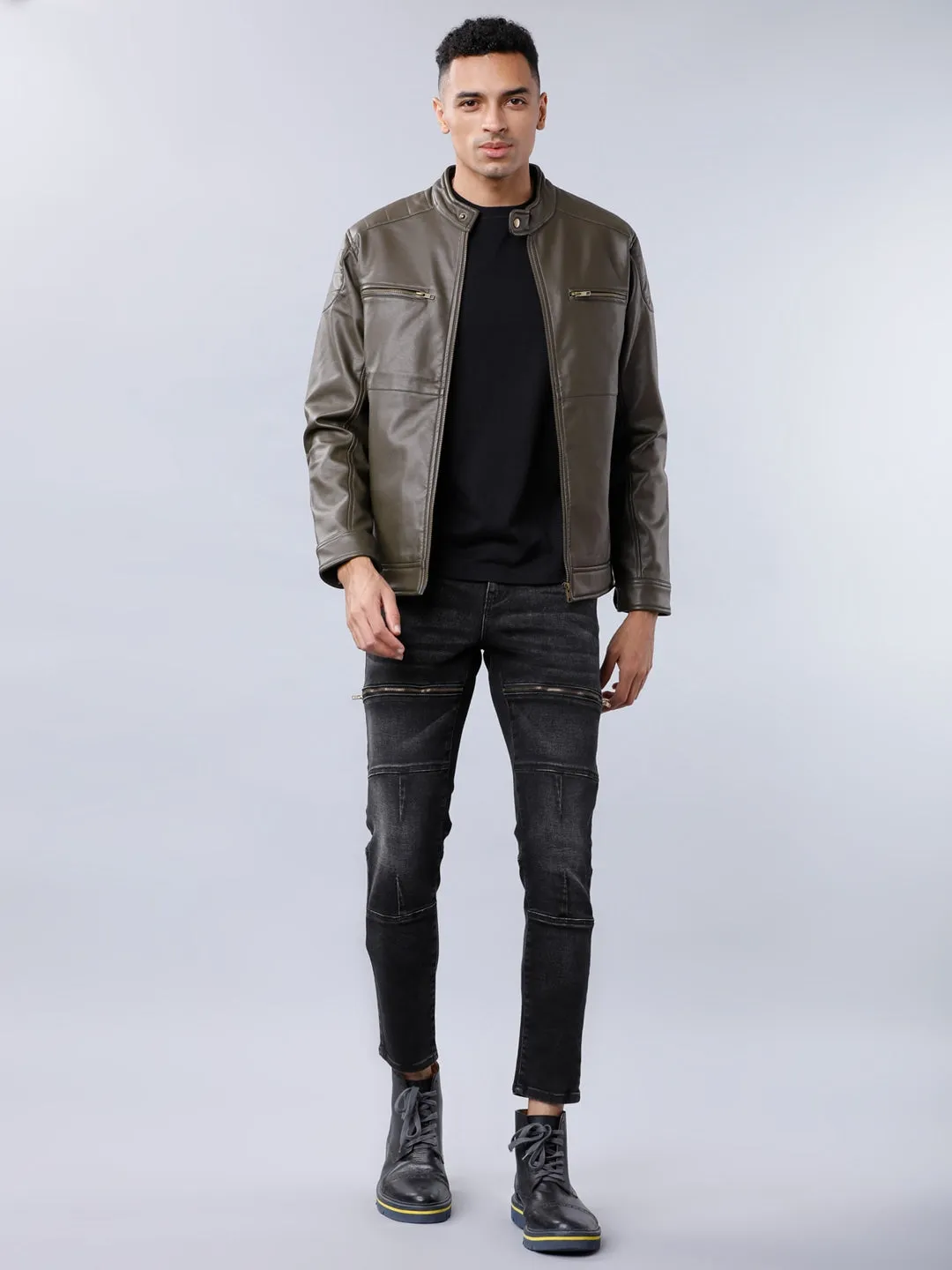 Men Olive Green Leather Biker Jacket Online | QAWACH