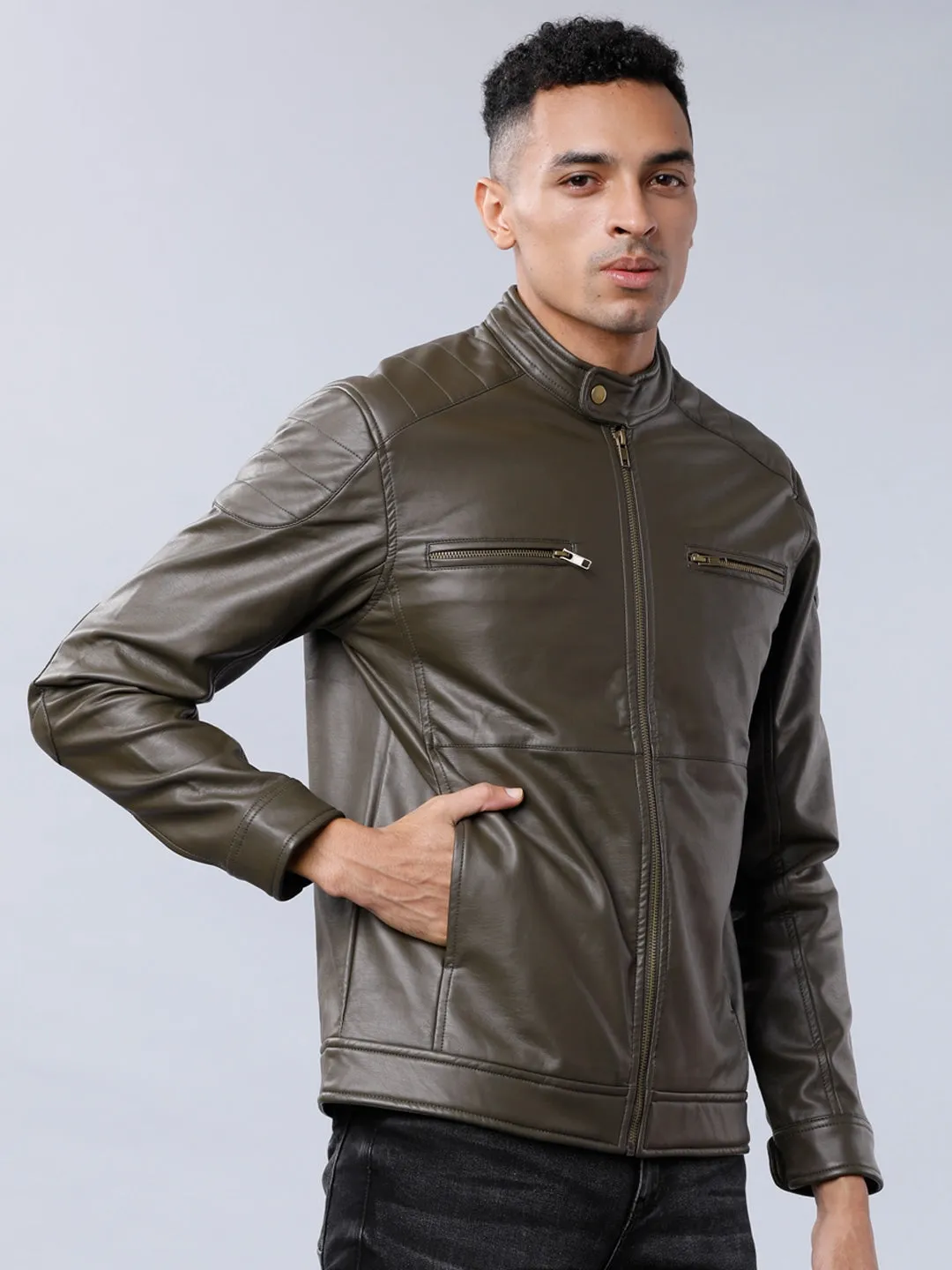 Men Olive Green Leather Biker Jacket Online | QAWACH