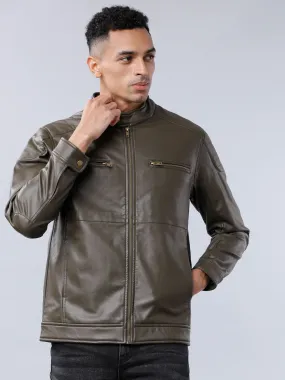 Men Olive Green Leather Biker Jacket Online | QAWACH