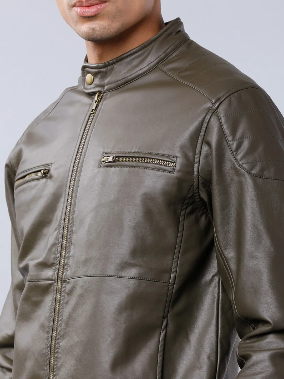 Men Olive Green Leather Biker Jacket Online | QAWACH