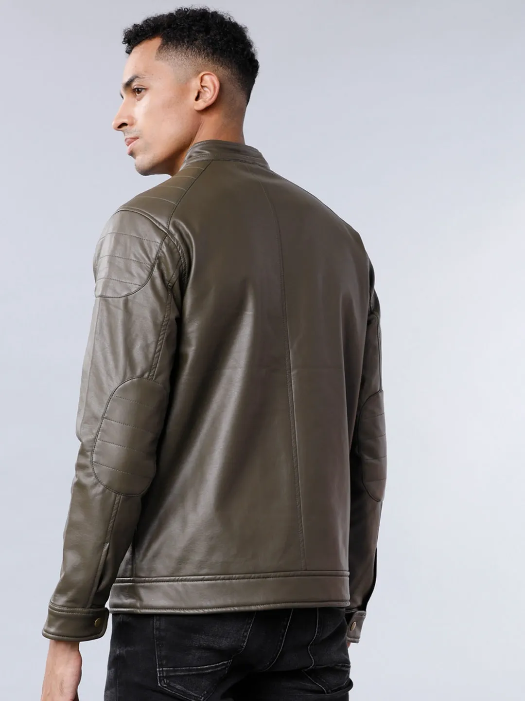 Men Olive Green Leather Biker Jacket Online | QAWACH