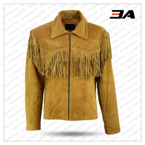 Mens New Native American Western Brown Suede Leather Jacket Fringe Tassels