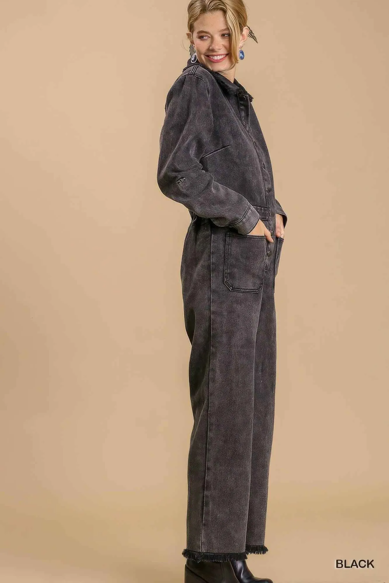 Mid button down stone wash wide leg distressed jumpsuit & side pockets with no