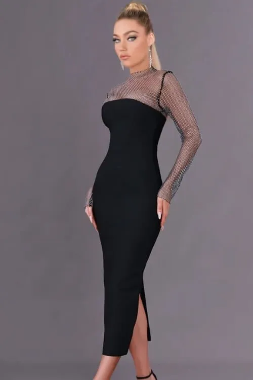 Midnight Allure Shimmer Mesh Sleeve Bodycon Midi Dress