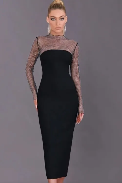 Midnight Allure Shimmer Mesh Sleeve Bodycon Midi Dress