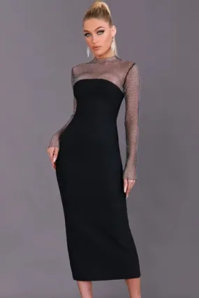 Midnight Allure Shimmer Mesh Sleeve Bodycon Midi Dress
