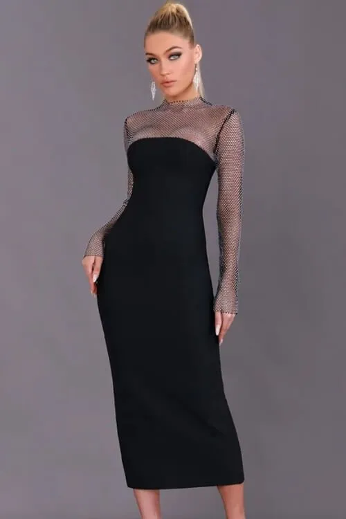 Midnight Allure Shimmer Mesh Sleeve Bodycon Midi Dress
