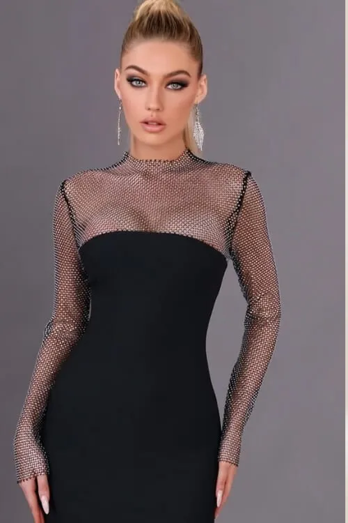 Midnight Allure Shimmer Mesh Sleeve Bodycon Midi Dress