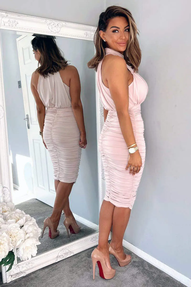 Nude Ruched High Neck Midi Dress
