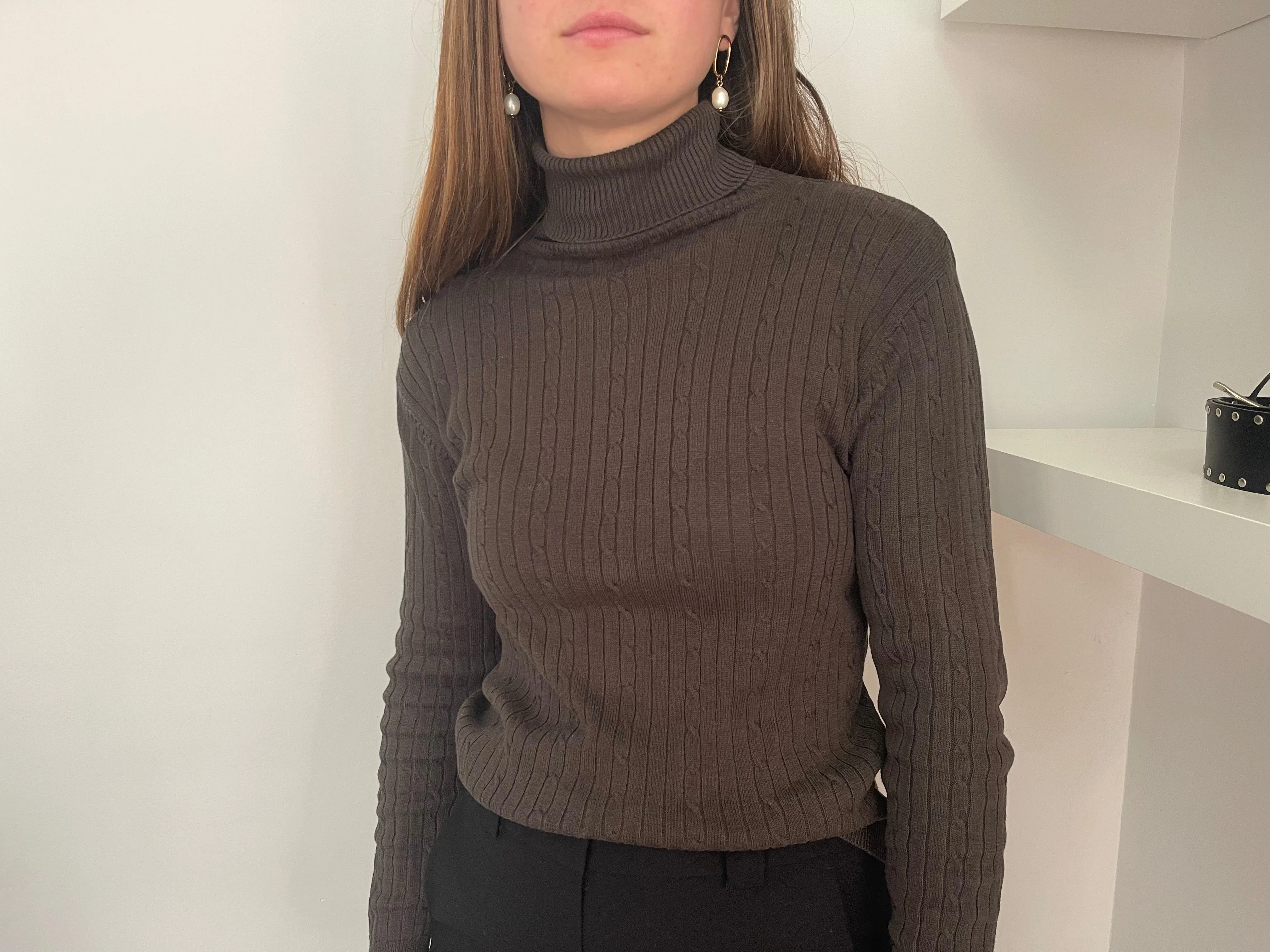 Olive Silk & Cotton Cableknit Turtleneck - S
