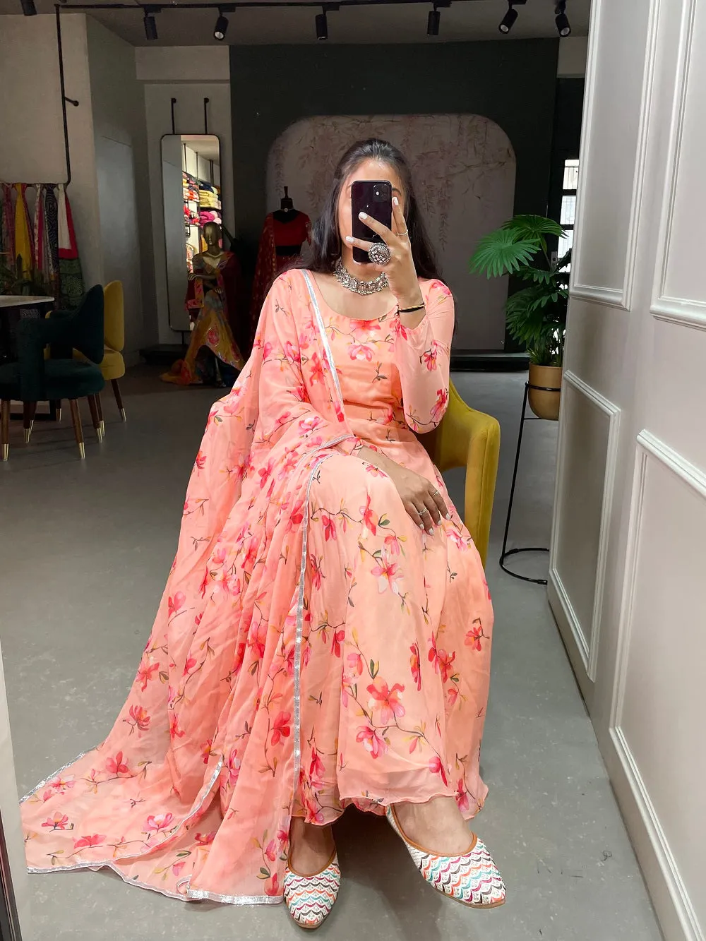 Peach Color Floral Printed Anarkali Style Chiffon Kurti