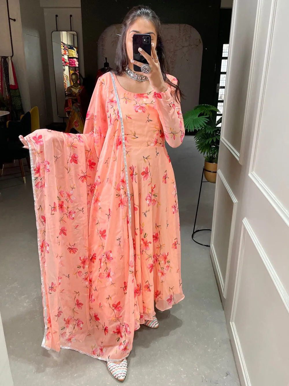 Peach Color Floral Printed Anarkali Style Chiffon Kurti