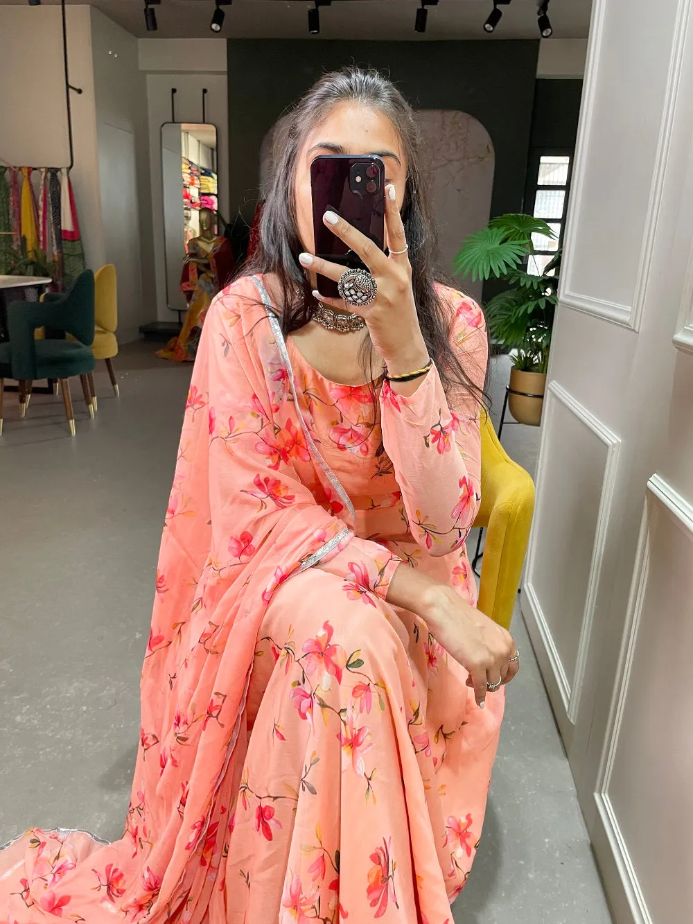 Peach Color Floral Printed Anarkali Style Chiffon Kurti