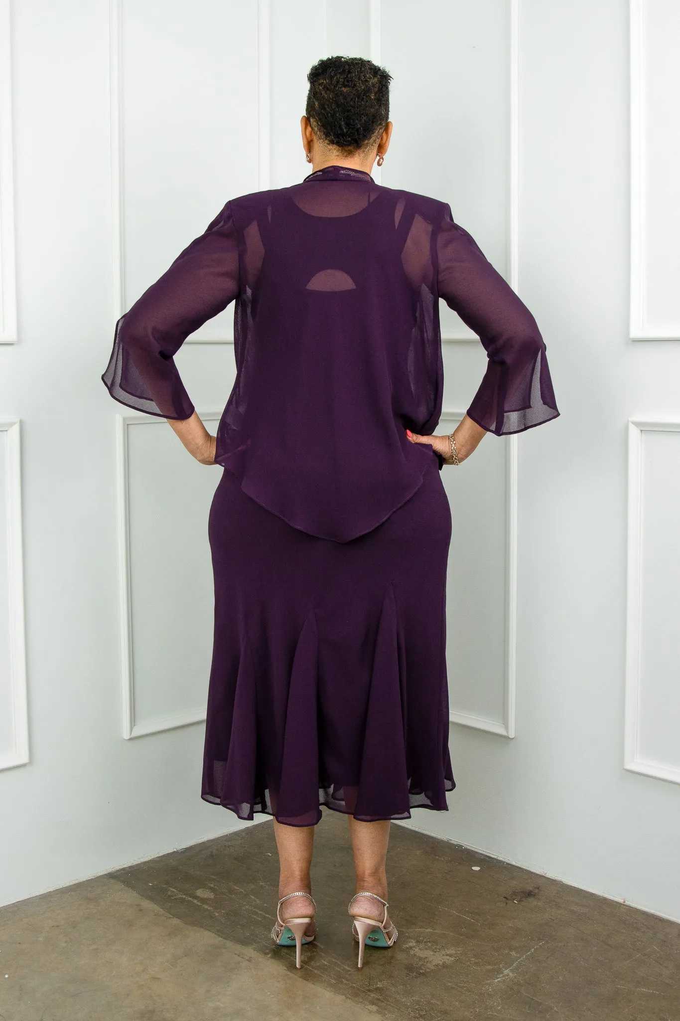 Petite Women's Beaded Chiffon Jacket Dress - Mother of The Bride Dress