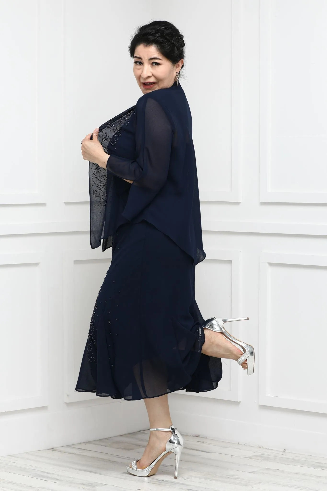 Petite Women's Beaded Chiffon Jacket Dress - Mother of The Bride Dress
