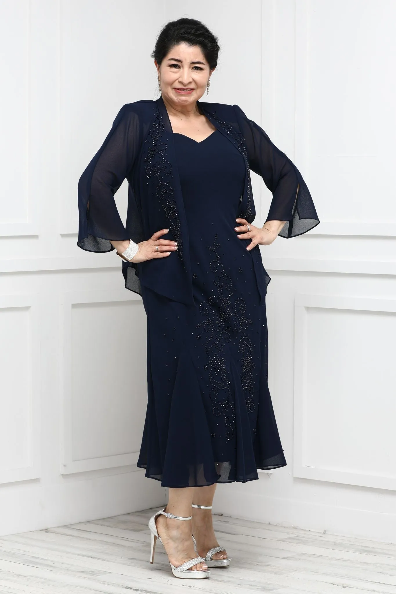 Petite Women's Beaded Chiffon Jacket Dress - Mother of The Bride Dress