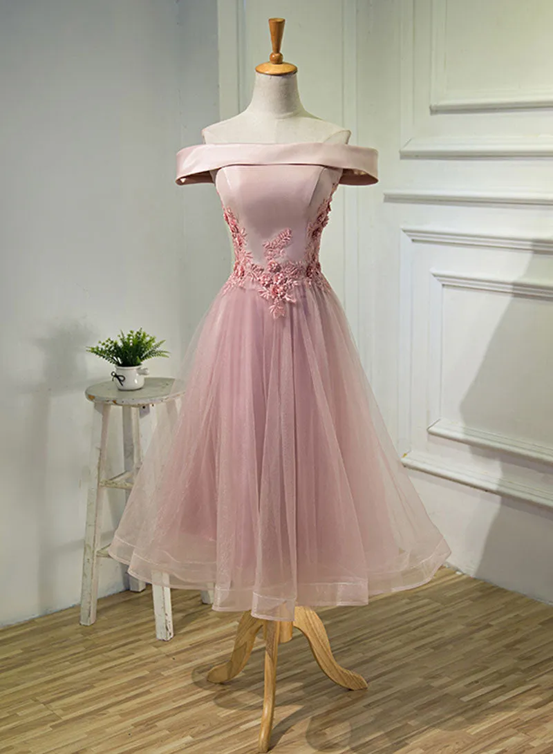Pink Tulle Lace Short Prom Dress, A-Line Off the Shoulder Party Dress