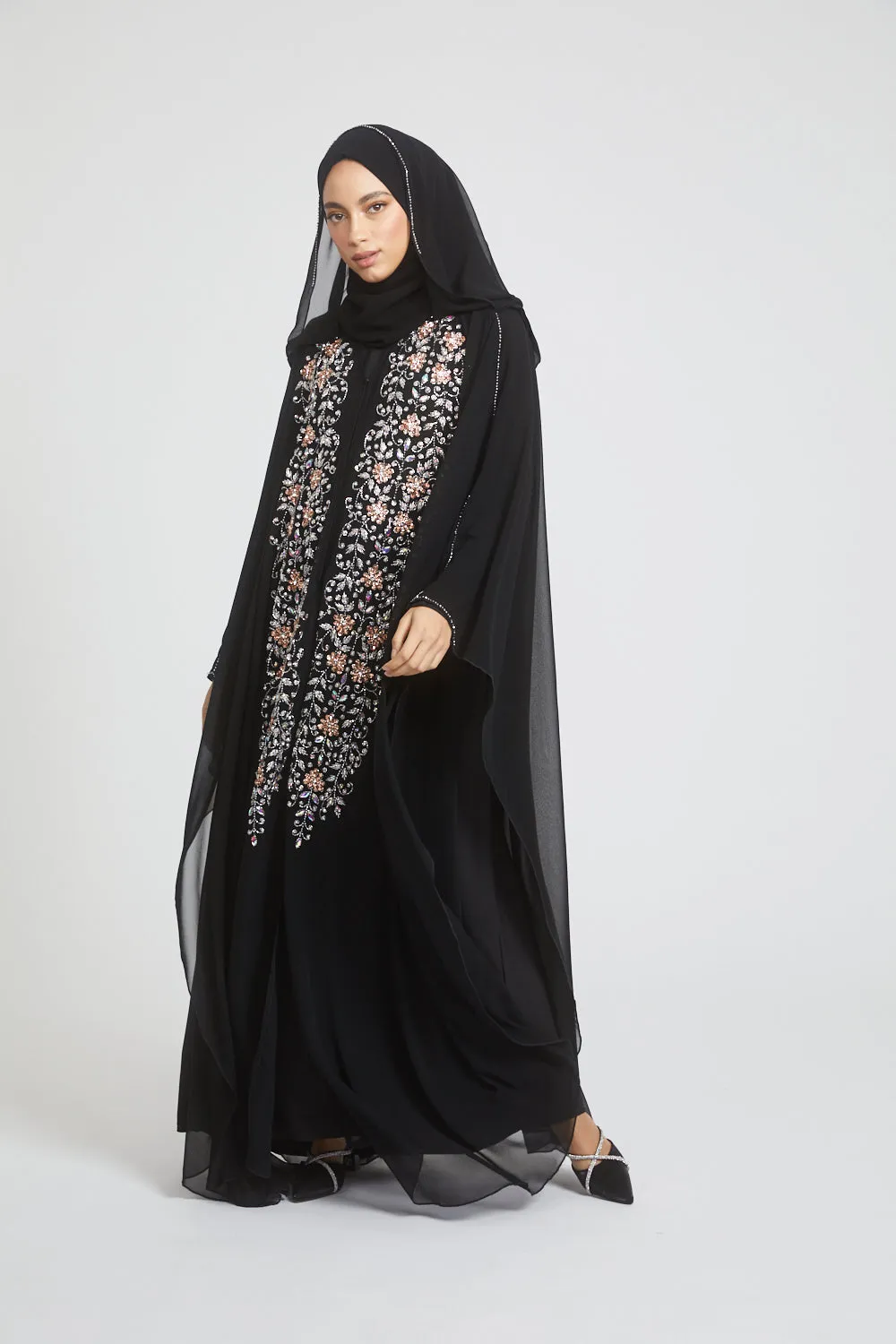 Premium Black Embellished Chiffon Open Farasha with Hood - Rose Petal