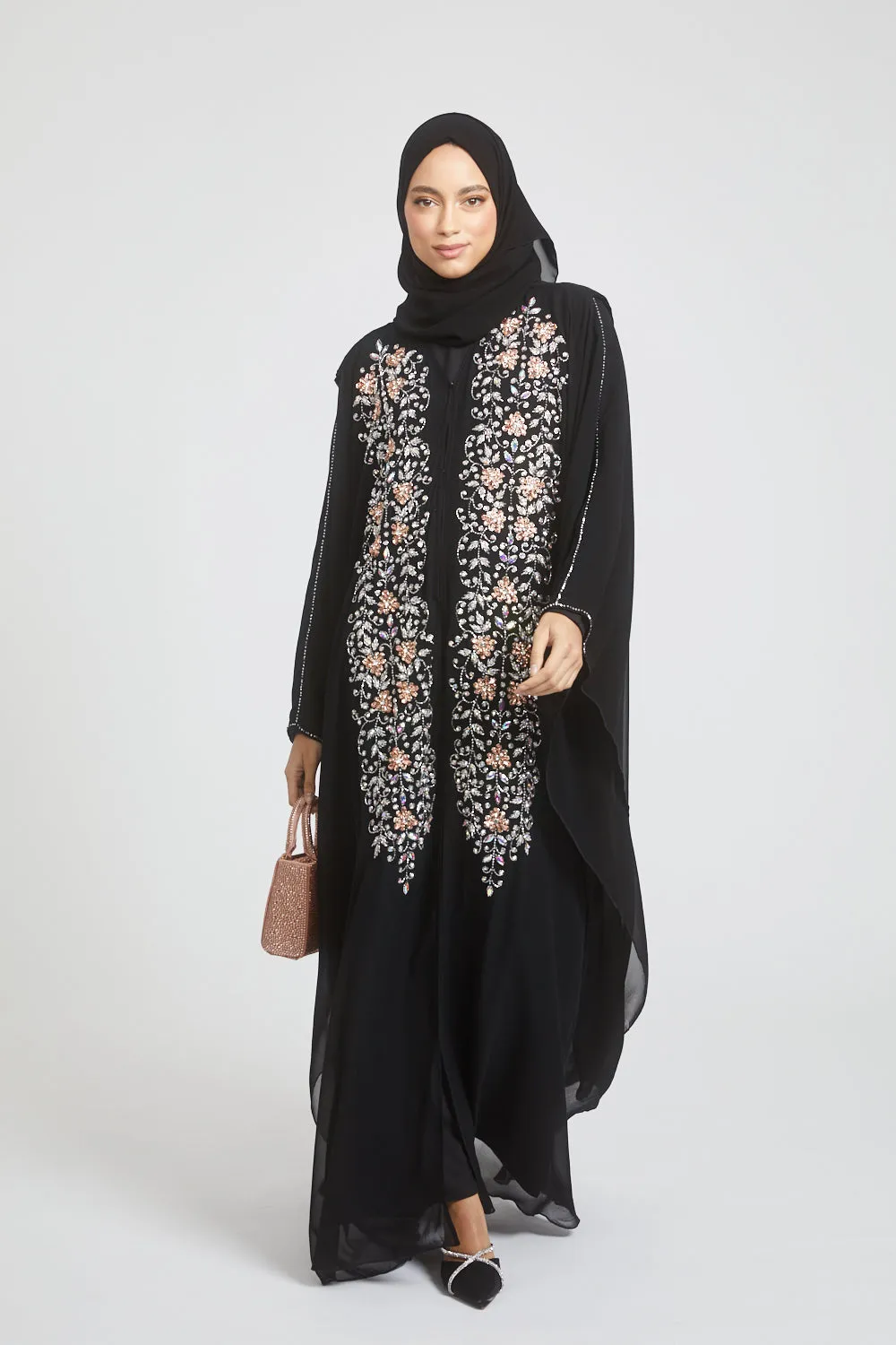 Premium Black Embellished Chiffon Open Farasha with Hood - Rose Petal