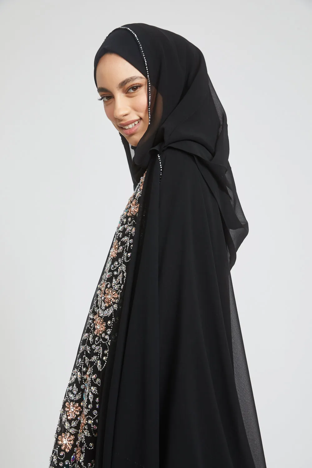 Premium Black Embellished Chiffon Open Farasha with Hood - Rose Petal
