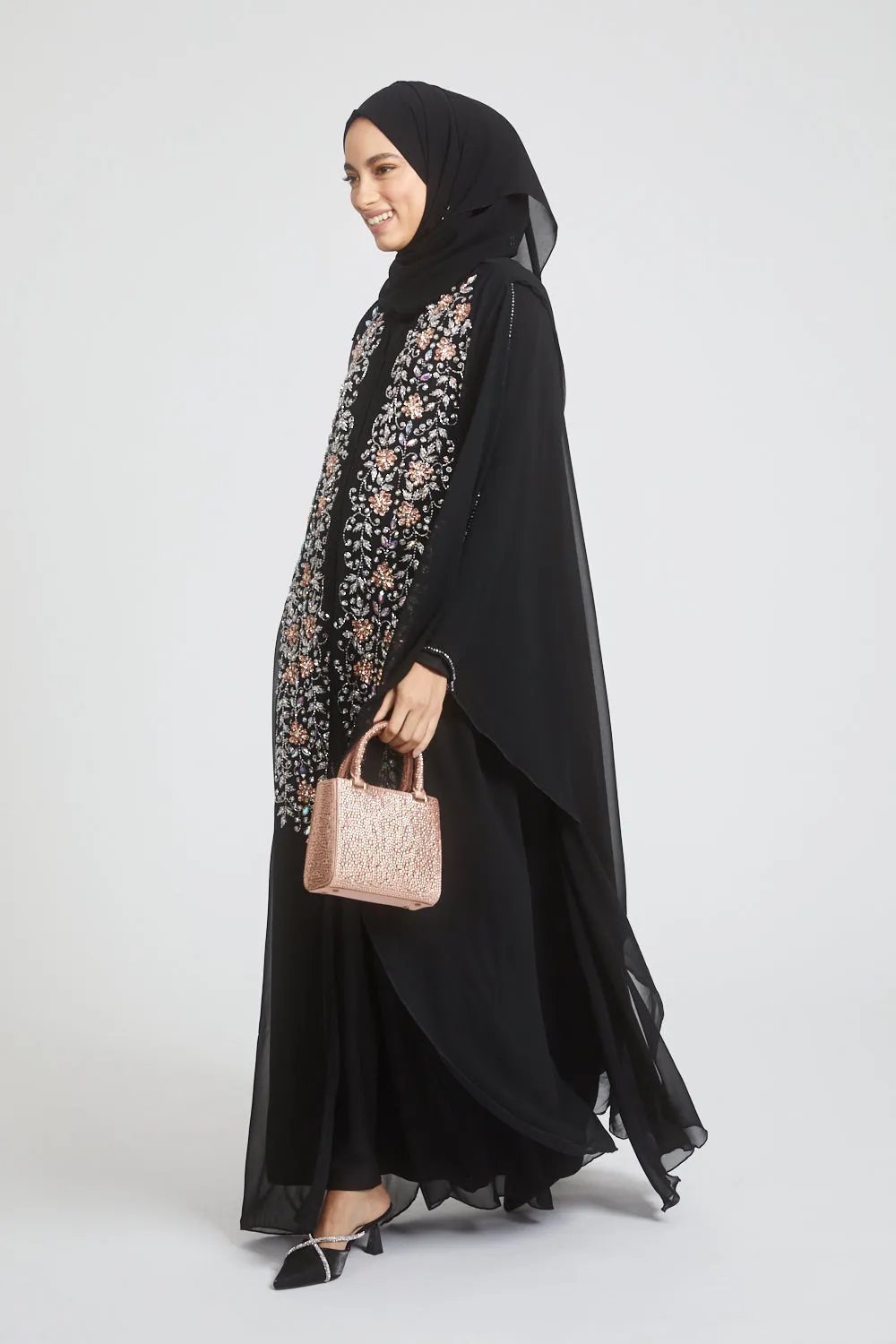 Premium Black Embellished Chiffon Open Farasha with Hood - Rose Petal