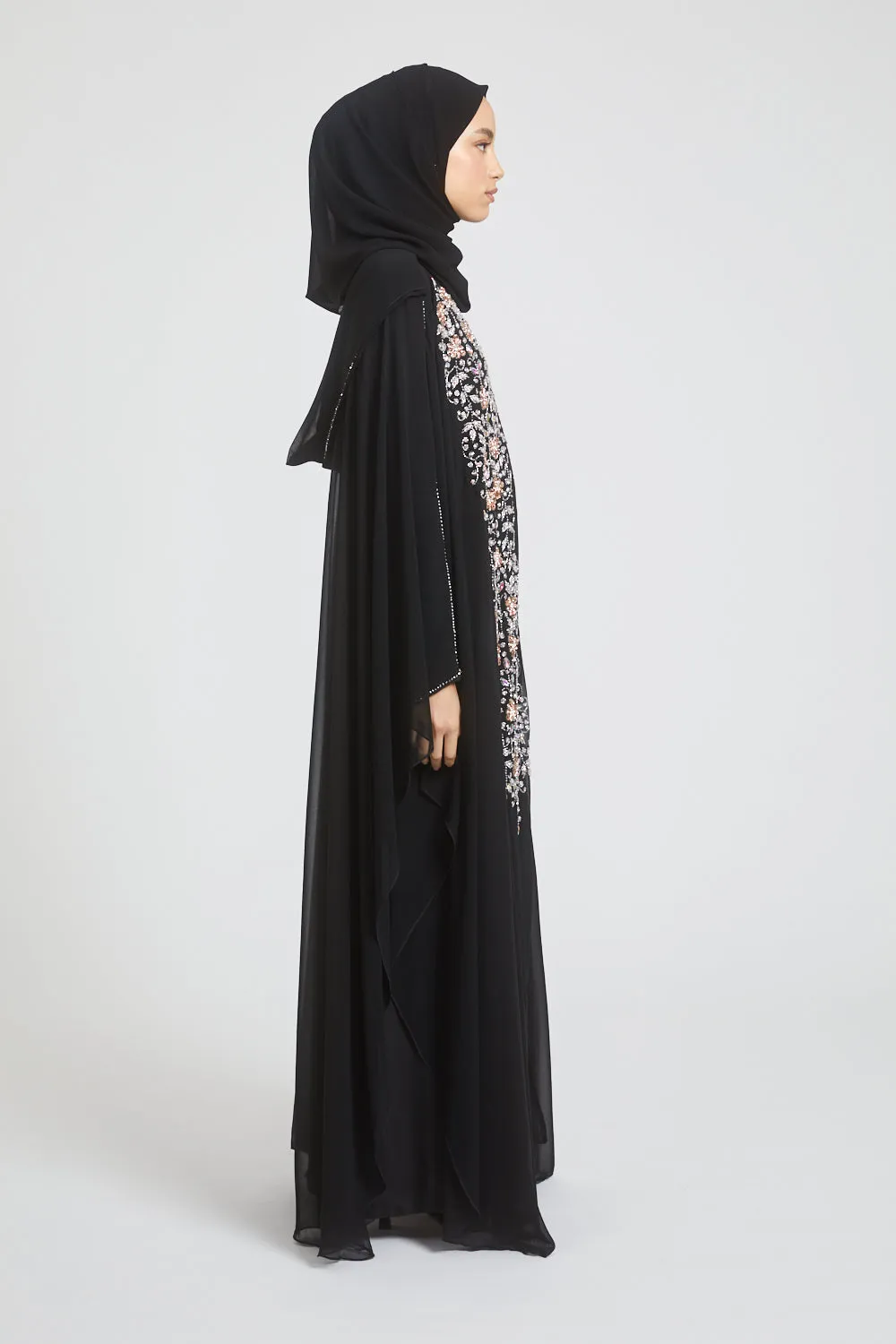 Premium Black Embellished Chiffon Open Farasha with Hood - Rose Petal