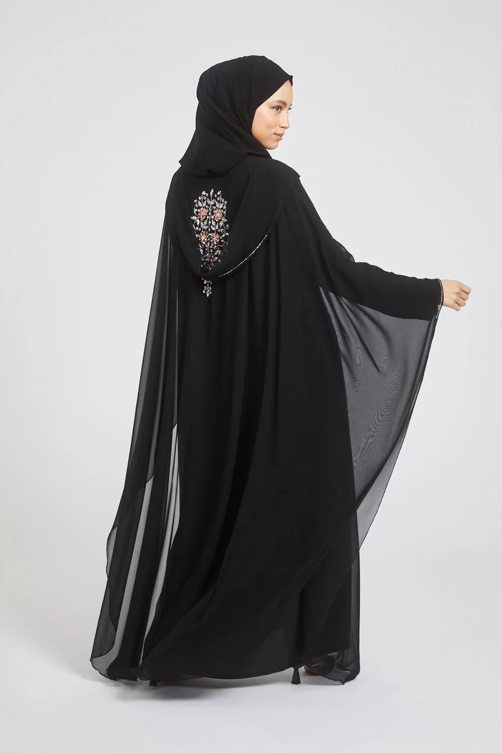 Premium Black Embellished Chiffon Open Farasha with Hood - Rose Petal