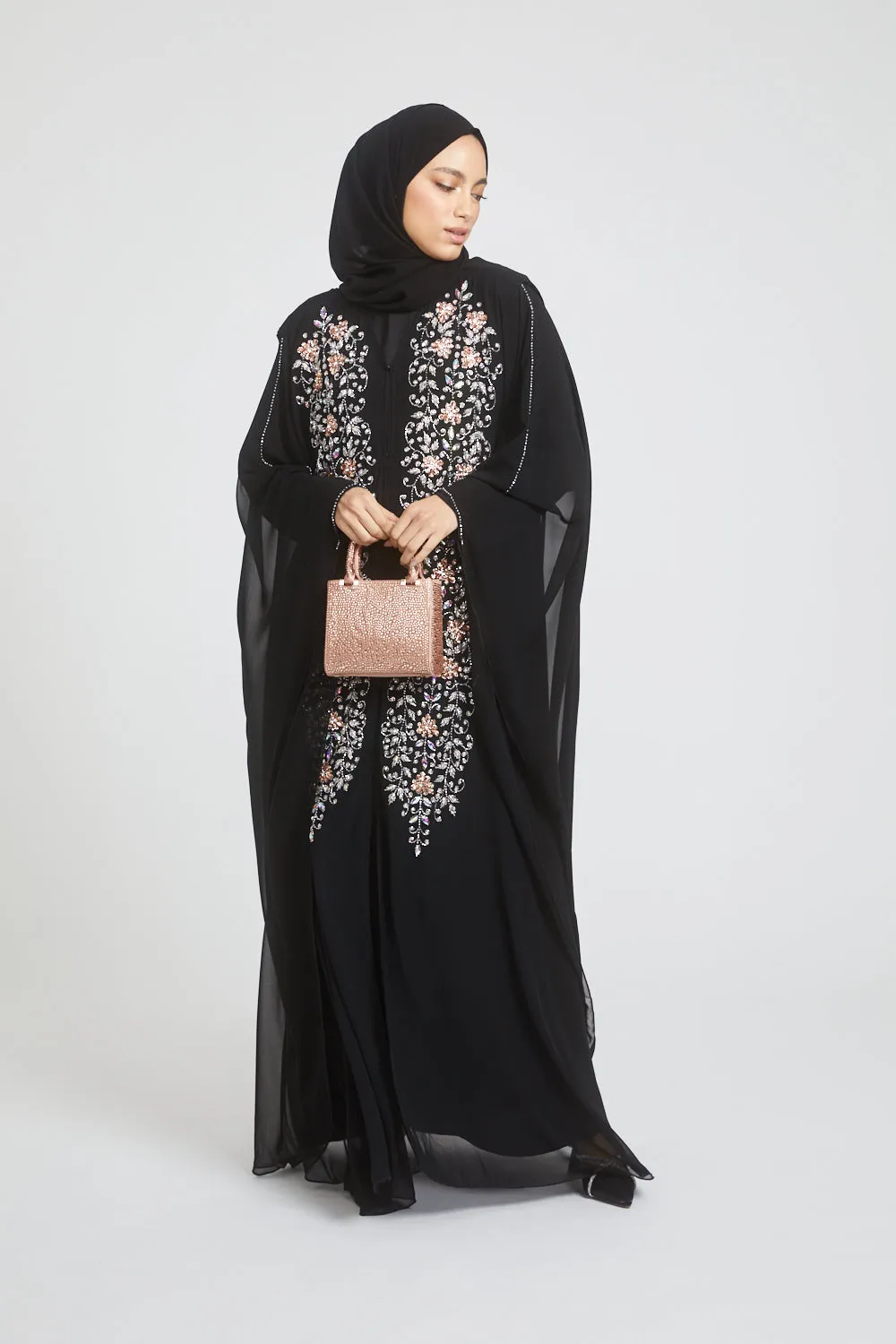 Premium Black Embellished Chiffon Open Farasha with Hood - Rose Petal