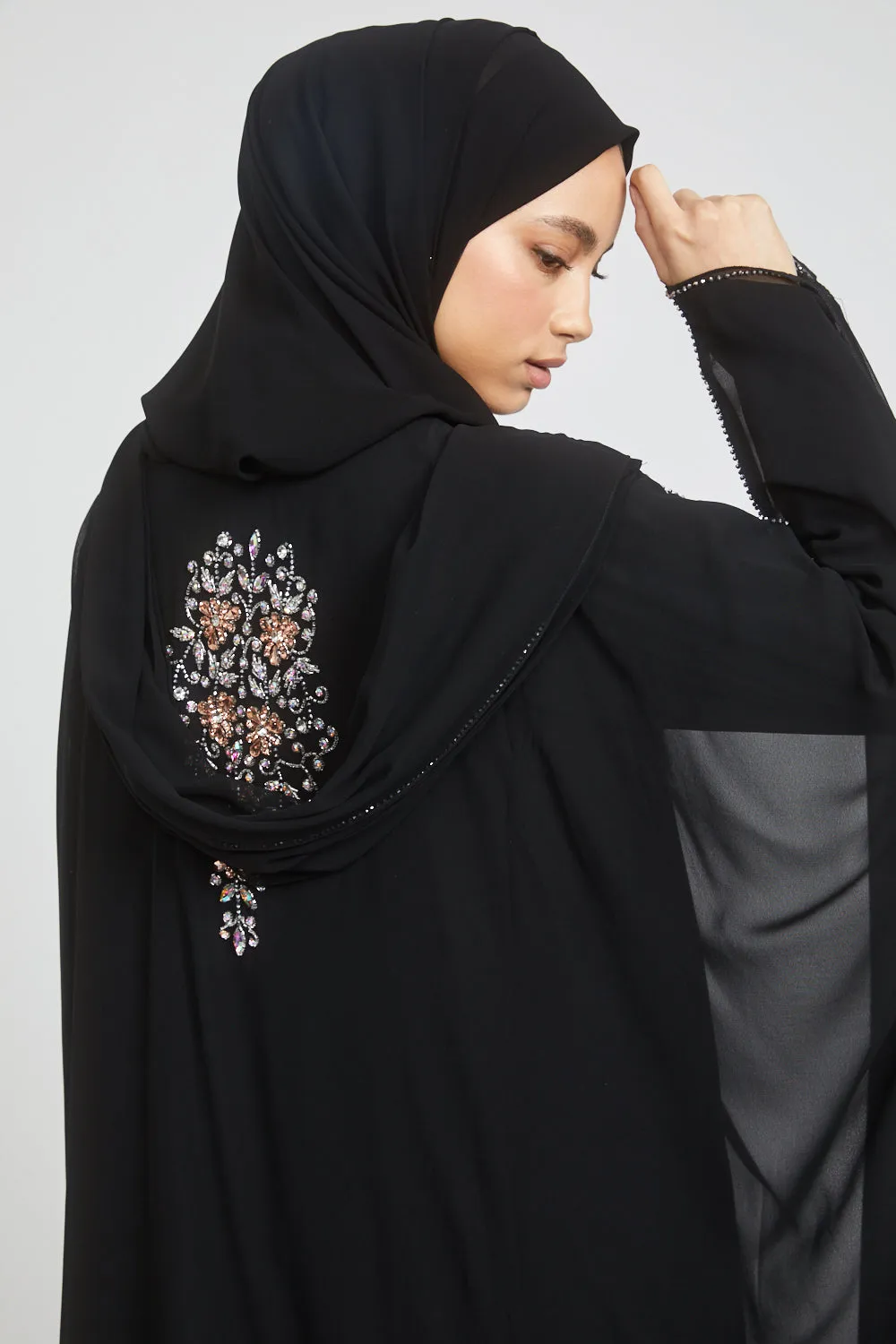 Premium Black Embellished Chiffon Open Farasha with Hood - Rose Petal