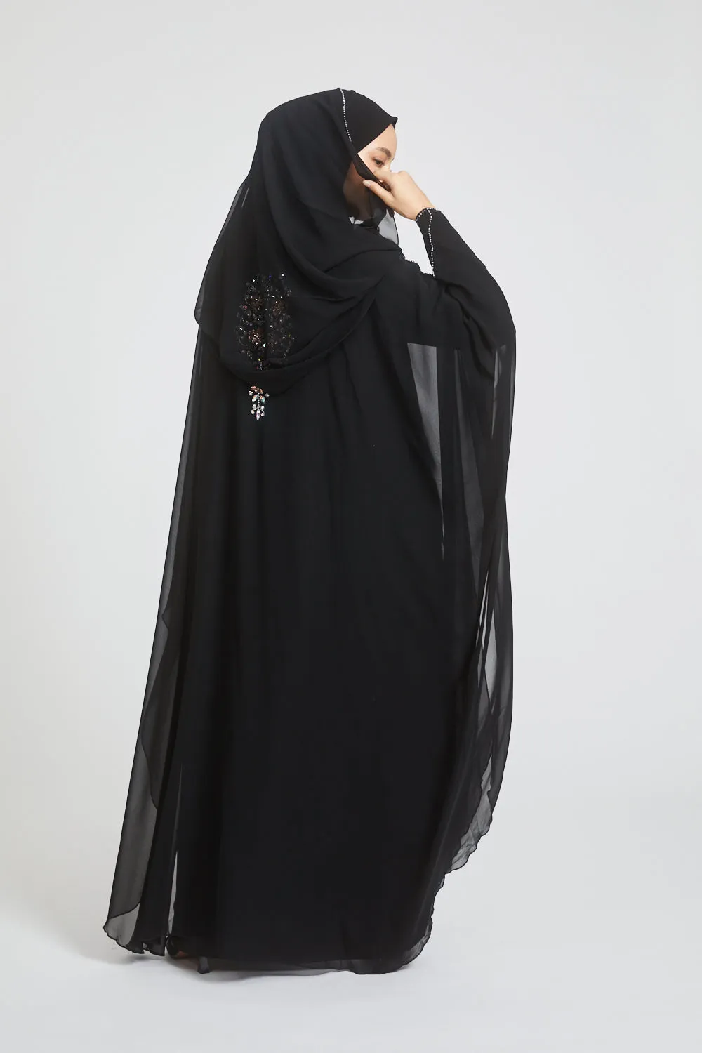 Premium Black Embellished Chiffon Open Farasha with Hood - Rose Petal