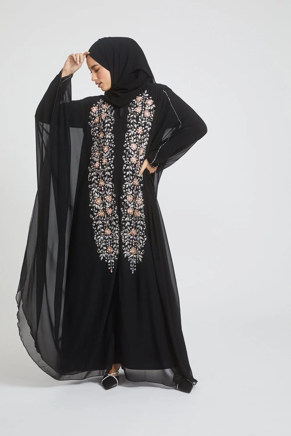 Premium Black Embellished Chiffon Open Farasha with Hood - Rose Petal