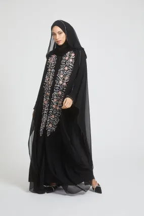 Premium Black Embellished Chiffon Open Farasha with Hood - Rose Petal
