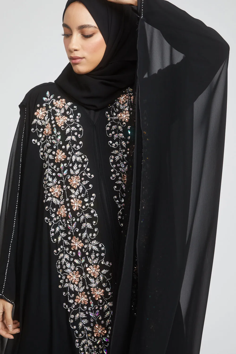 Premium Black Embellished Chiffon Open Farasha with Hood - Rose Petal