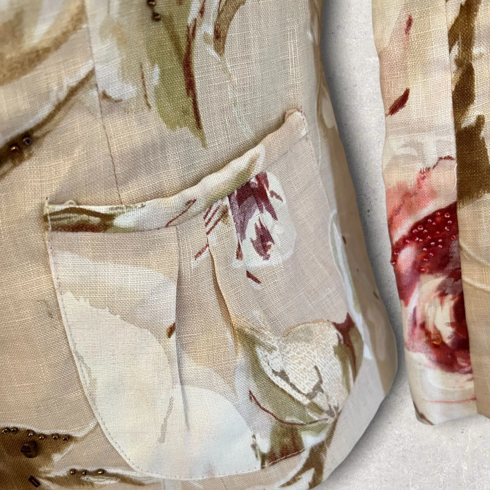 Renato Nucci Floral Cream Linen Beaded Summer Jacket UK 8 US 4 EU 36